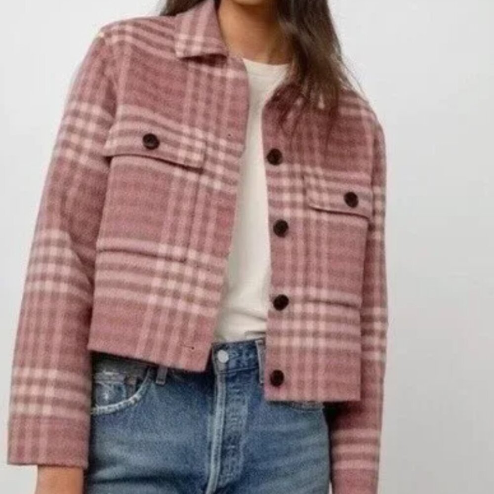 Joie Pink & Beige Plaid Flannel Cropped Trucker Jacket